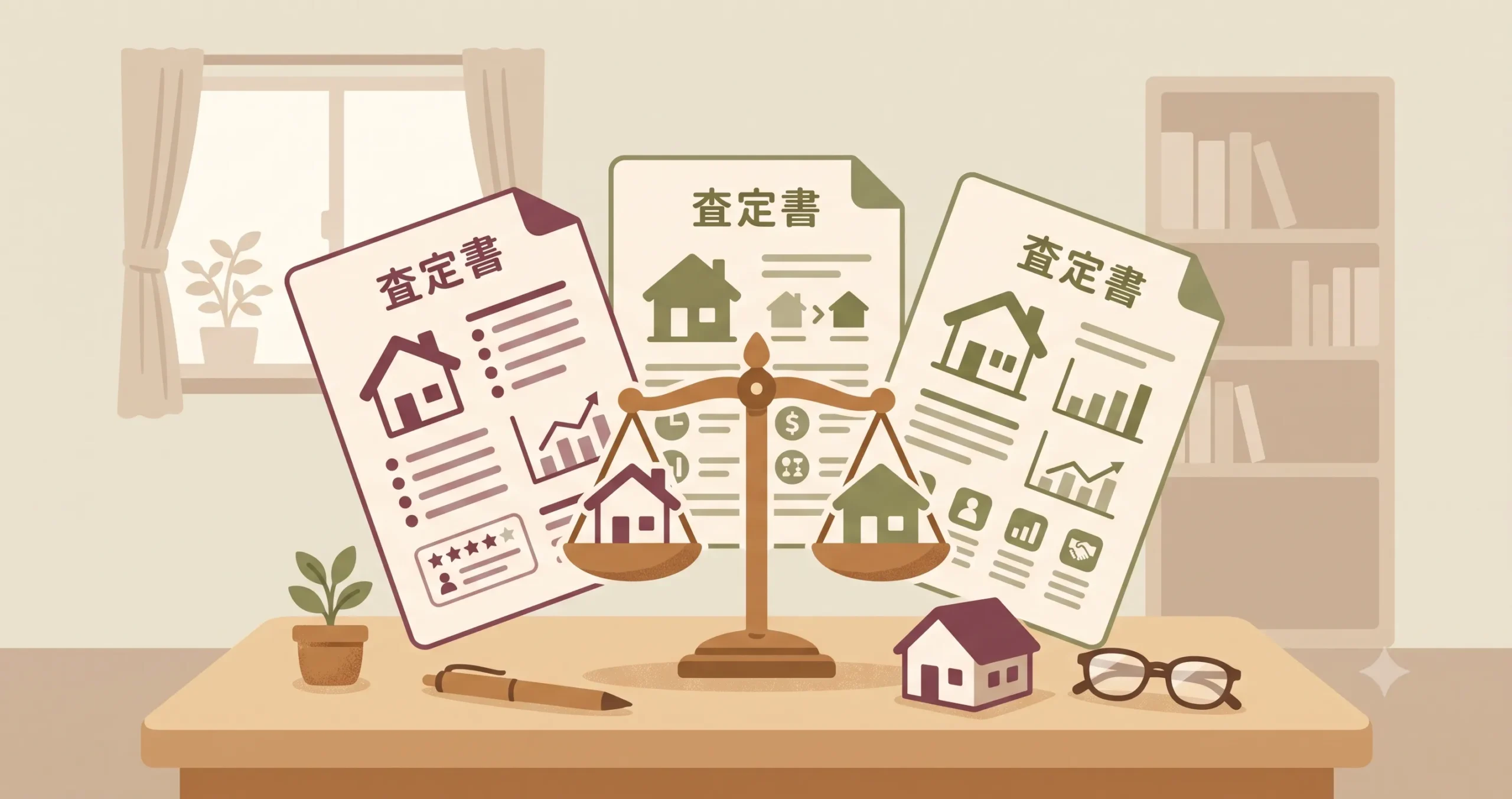 不動産の複数の査定書を比較しているイラスト