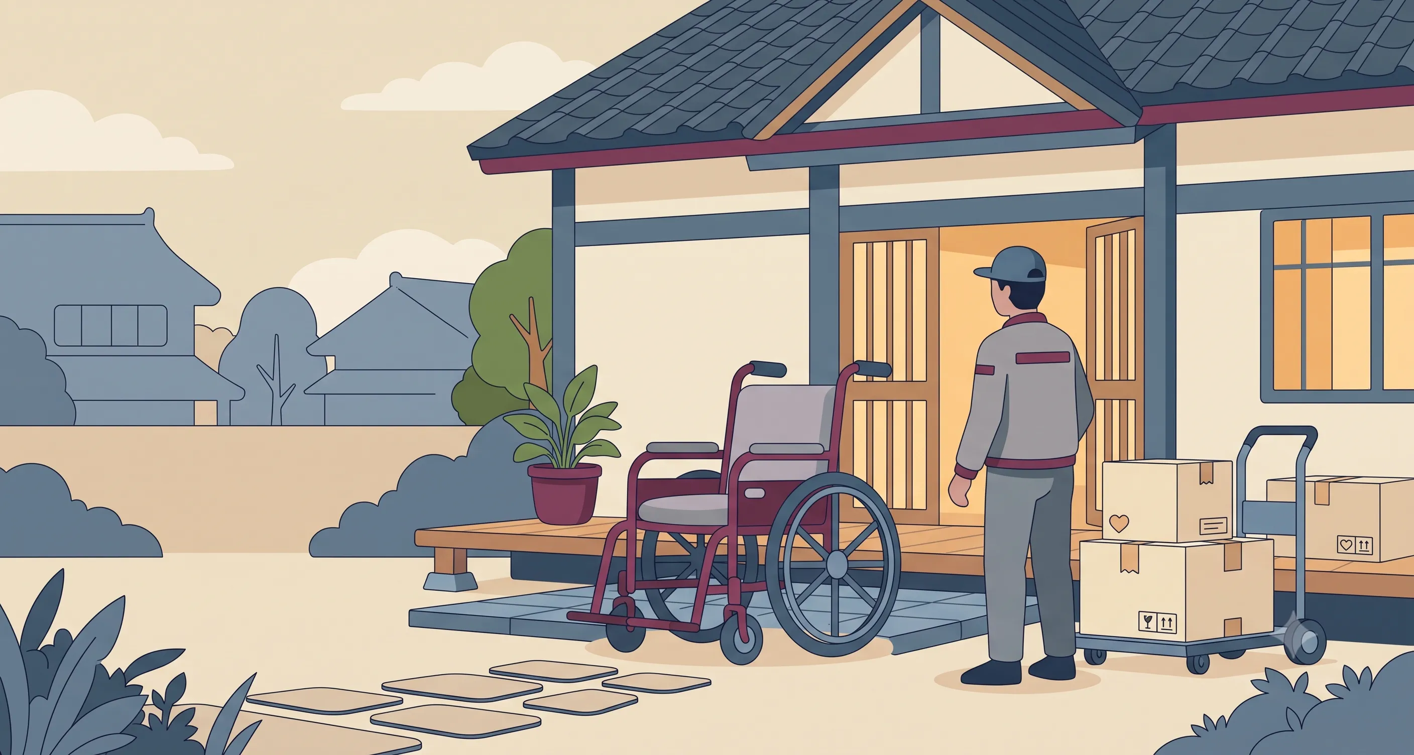 玄関先に届いたレンタルの車椅子のイラスト
